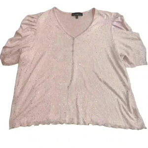 Como Black Women's 1X Pink Silver Speckled Puff Sleeve V-Neck Top